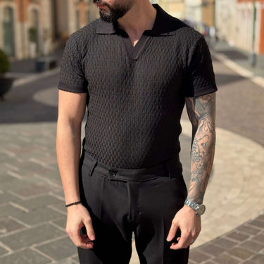 Polo nera traforata con scollo a V - FLAG STORE